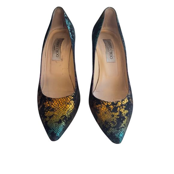Jimmy Choo Multicolor Metallic Snake‑Print Suede Pumps Size 38 Pointed Heels - Picture 3 of 10